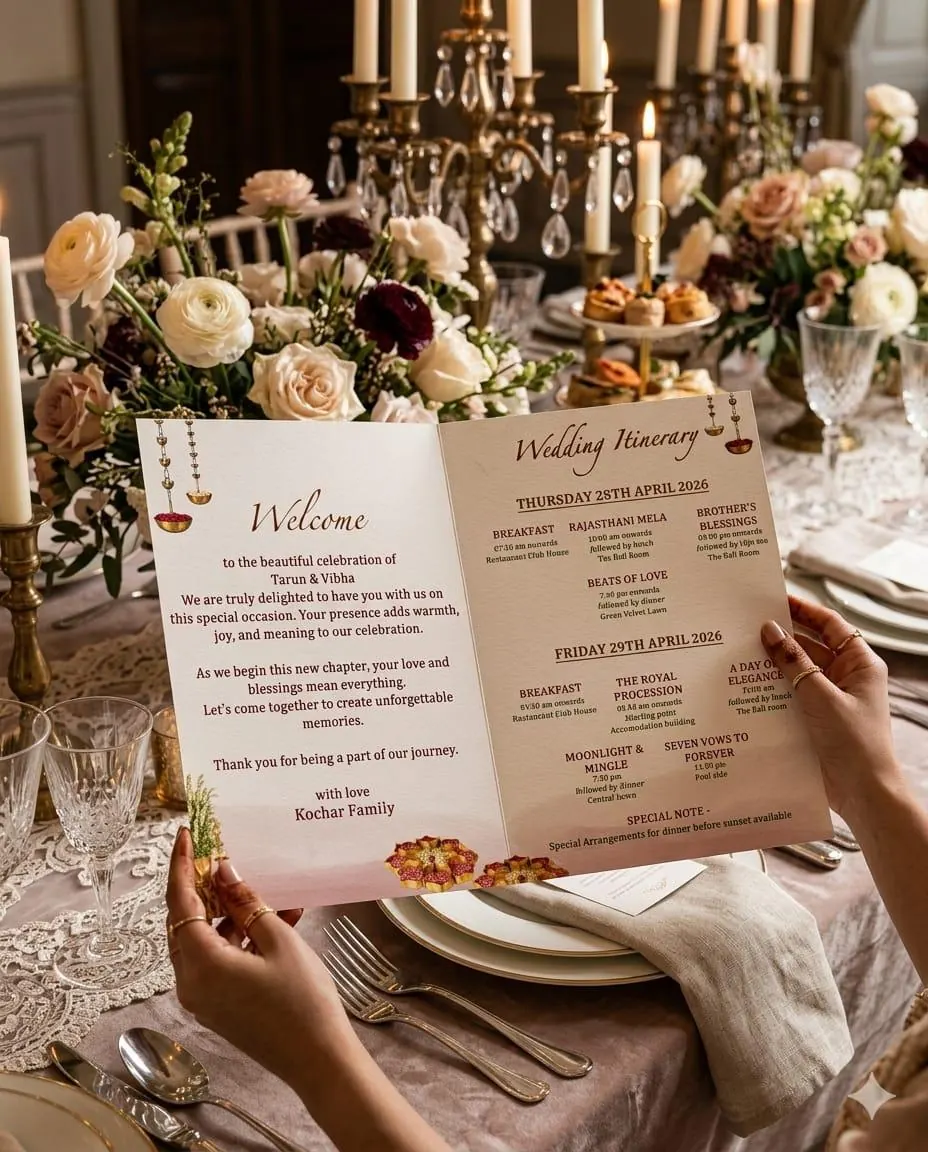Welcome & Itinerary Card — Destination Wedding premium wedding stationery printed in-house by StationeryWalaa