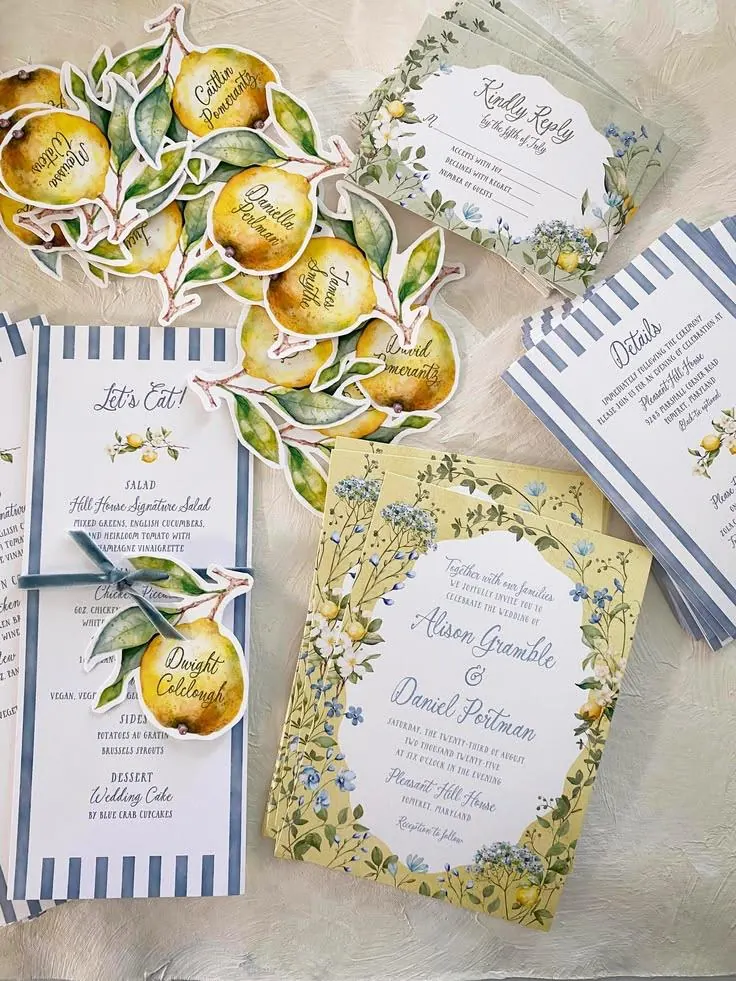 Lemon-motif wedding invitation suite with details card, reply card and menus by StationeryWalaa