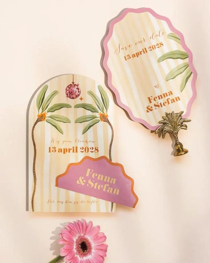 Retro palm-motif wavy die-cut save the date cards with pink scalloped edges — 2026 wedding invitation trend